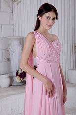 Sexy One Shoulder Empire Pink Chiffon Bridal Party Dress With Split