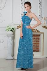 Blinking One Shoulder Sequin Fabric Blue Prom Party Dress