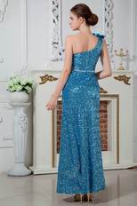 Blinking One Shoulder Sequin Fabric Blue Prom Party Dress