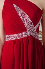 One Shoulder Wine Red Chiffon Prom Dresses With Beading