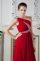 One Shoulder Wine Red Chiffon Prom Dresses With Beading