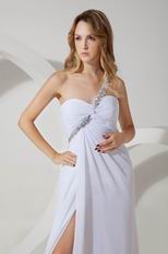 One Shoulder Cross Back Floor Length Split Skirt White Prom Dress