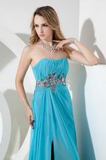 Affordable Strapless Aqua Blue Chiffon Prom Dress With Front Split