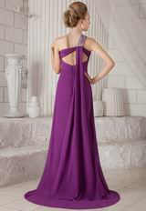 One Shoulder Watteau Purple Chiffon Discount Prom Dress With Split