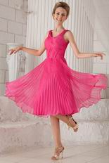 Empire Straps Tea-length Hot Pink Organza Pleated Prom Dress