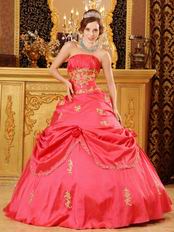 Coral Pink Girl Quinceanera Dress With Golden Applique