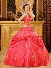 Coral Pink Girl Quinceanera Dress With Golden Applique