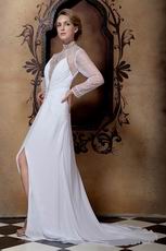 Casual Long Organza Sleeves Backless White Chiffon Wedding Dress