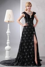 V-Neck Off Shoulder Black Lace Split Skirt Evening Dress