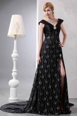 V-Neck Off Shoulder Black Lace Split Skirt Evening Dress