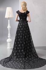 V-Neck Off Shoulder Black Lace Split Skirt Evening Dress