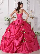 Deep Pink Quinceanera Dress With Spring Green Flowers Decorate