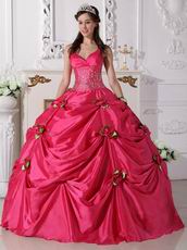 Deep Pink Quinceanera Dress With Spring Green Flowers Decorate