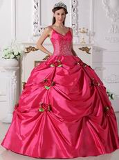 Deep Pink Quinceanera Dress With Spring Green Flowers Decorate