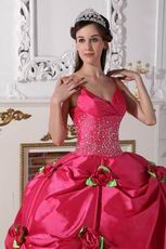 Deep Pink Quinceanera Dress With Spring Green Flowers Decorate