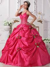 Deep Pink Quinceanera Dress With Spring Green Flowers Decorate