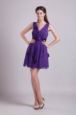 Purple V-neck Knee Length Graduation Dress With Flower