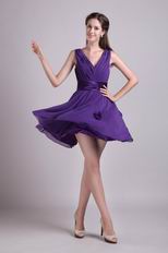 Purple V-neck Knee Length Graduation Dress With Flower