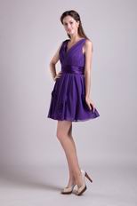 Purple V-neck Knee Length Graduation Dress With Flower