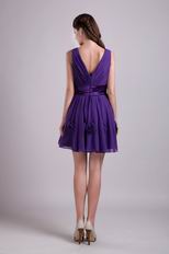 Purple V-neck Knee Length Graduation Dress With Flower