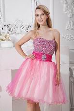 Strapless Crystals Pink Organza Graduation Dress For Sale