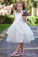 Unique V-Neck Bow Straps Ivory Organza Flower Girl Dresses Under $100