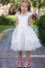 Unique V-Neck Bow Straps Ivory Organza Flower Girl Dresses Under $100