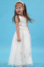 Beautiful V-Neck Appliques A-line Ivory Organza Dress For Flower Girl