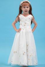 Beautiful V-Neck Appliques A-line Ivory Organza Dress For Flower Girl