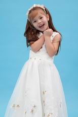 Beautiful V-Neck Appliques A-line Ivory Organza Dress For Flower Girl