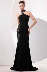 Fashionable Halter Black Chiffon Prom Dress With High Split