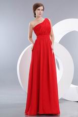 Cheap One Shoulder Ruched A-line Scarlet Chiffon Prom Dress