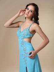 Spaghetti Straps Cross Back Side Split Aqua Woman In Prom Dress