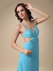 Spaghetti Straps Cross Back Side Split Aqua Woman In Prom Dress