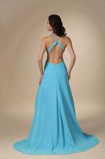 Spaghetti Straps Cross Back Side Split Aqua Woman In Prom Dress