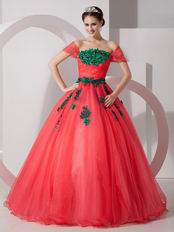 Coral Red Popular A-line Prom Gown With Green Applique