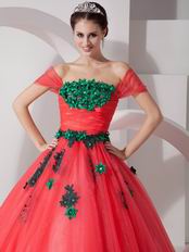 Coral Red Popular A-line Prom Gown With Green Applique