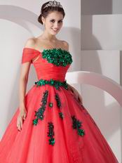 Coral Red Popular A-line Prom Gown With Green Applique