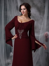 Scoop Burgundy Mother Of The Bride Dress Long Sleeves Modest