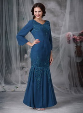 Modest Strong Blue Sleeves Mother Of The Bride Dress Mermaid Modest