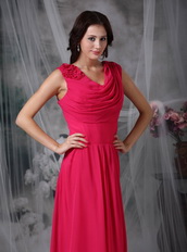 V-neck Hot Pink Chiffon Dress For Mother Of Bride Wear Modest