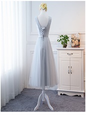 Popular Color Silver Tulle Series Bridesmaid Tea-Length For Pretty Girls