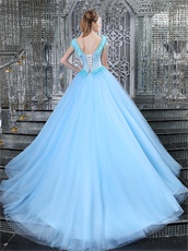 Light Blue See Through Bodice Court Train Sexy Quinceanera Ball Gown 2019 Summer