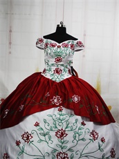 Vintage Weatern White & Wine Red Court Palace Ball Gown Embroiedry Details