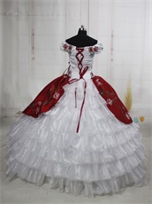 Vintage Weatern White & Wine Red Court Palace Ball Gown Embroiedry Details