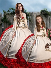 Western Embroidery Ivory and Red Ruffles Quince Ball Gowns Together For Adult and Girl