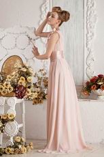 Affordable Ruched Pink Chiffon Prom Dresses With Shoulder Flowers