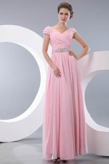 V-neck A-line Baby Pink Floor Length Chiffon Skirt Prom Dress