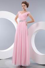 V-neck A-line Baby Pink Floor Length Chiffon Skirt Prom Dress