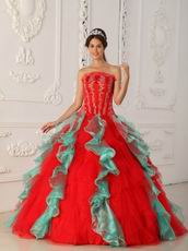 Red and Green Ruffled Skirt Appliqued Bodice Quinceanera Dress For Sale